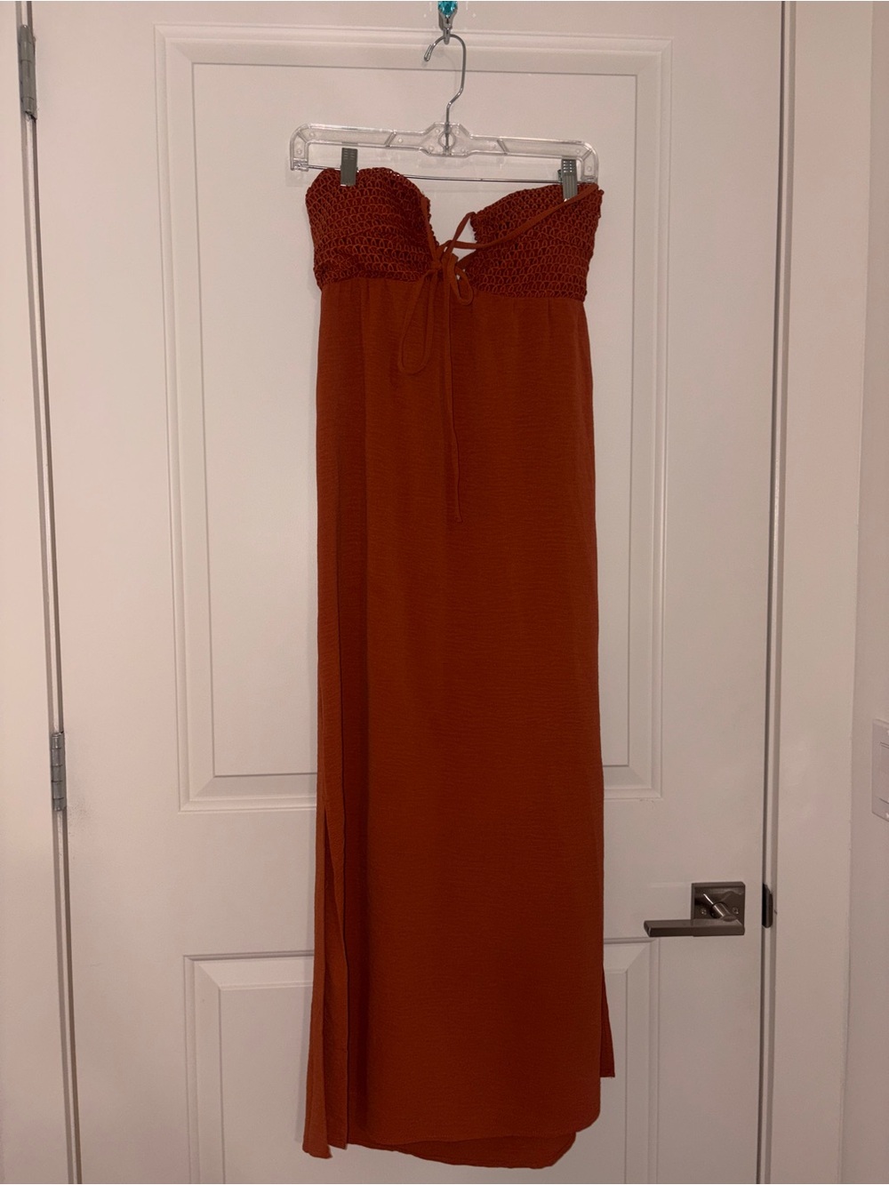 No Boundaries Strapless Crochet-Bust Midi Dress - Rust